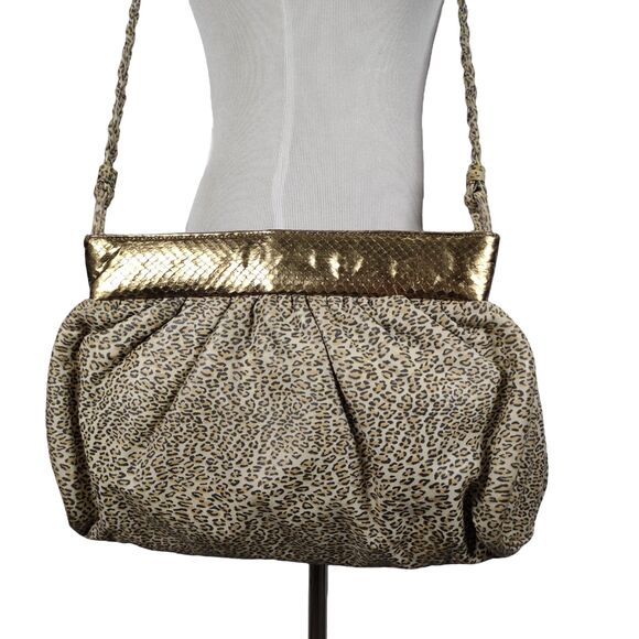 Vintage 80s Crossbody Frame Bag Large Leopard Print Leather Braid Strap - Picture 1 of 16